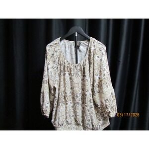 JM Collection Women‎ Tan Geometric Print Peasant Blouse Crochet Lace Trim XL